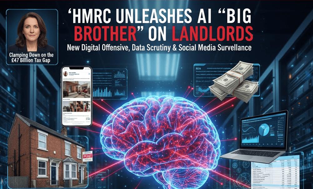 Illustration of AI monitoring landlord financial data for HMRC tax evasion checks.